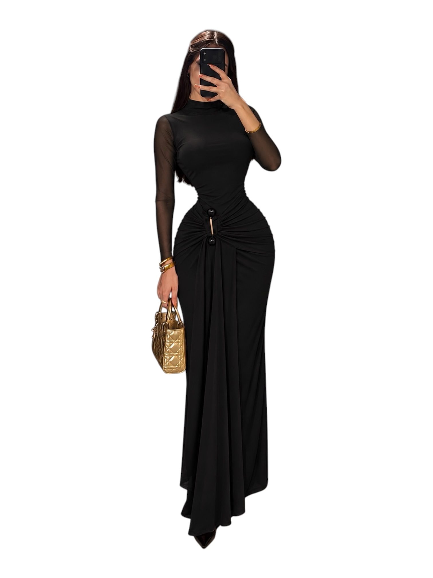 Vestido Negro De Cuello Alto Con Fruncido Y Detalle Metálico - Image 2
