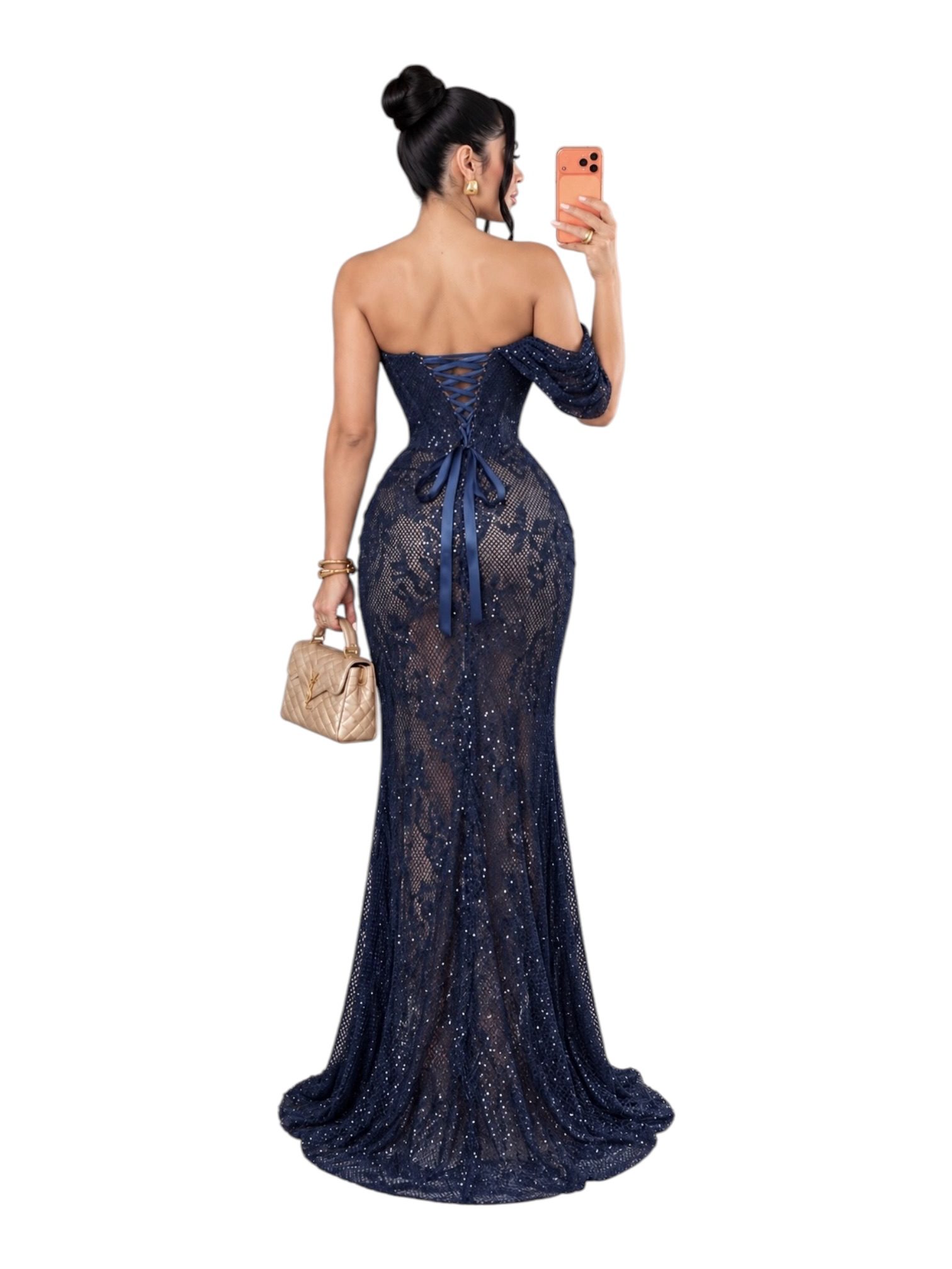 Vestido Azul Marino De Hombros Descubiertos Con Pedrería Y Abertura - Image 3