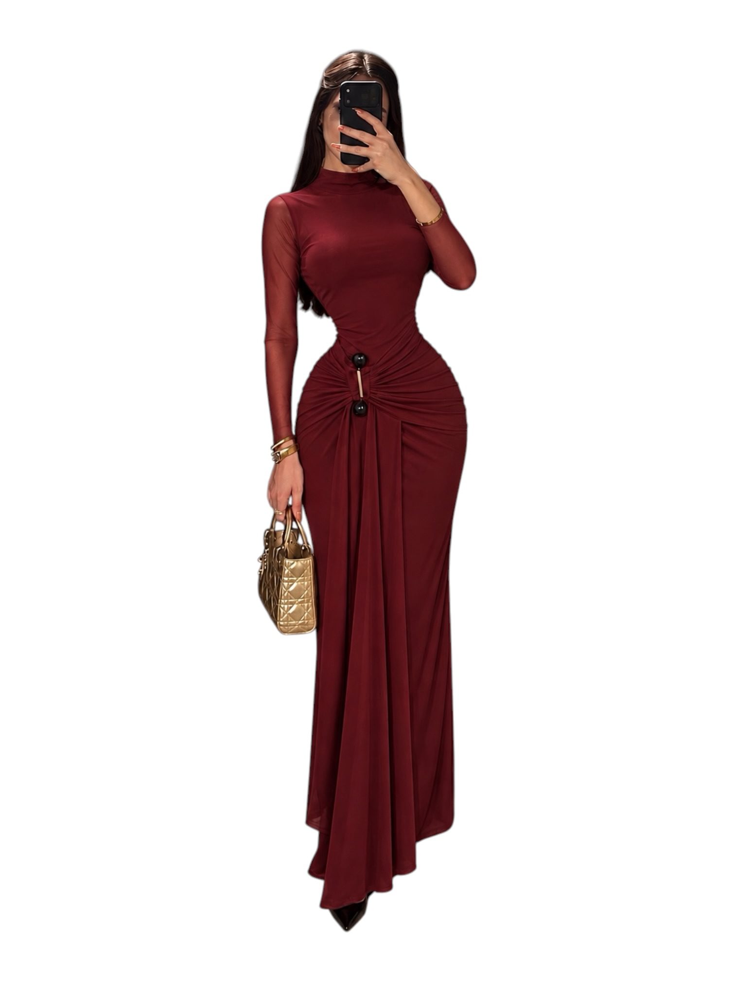 Vestido Vino De Cuello Alto Con Fruncido Y Detalle Metálico - Image 2