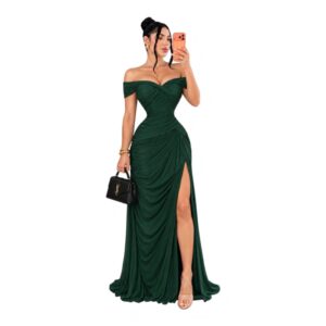 Vestido Verde Esmeralda De Hombros Descubiertos Con Fruncido