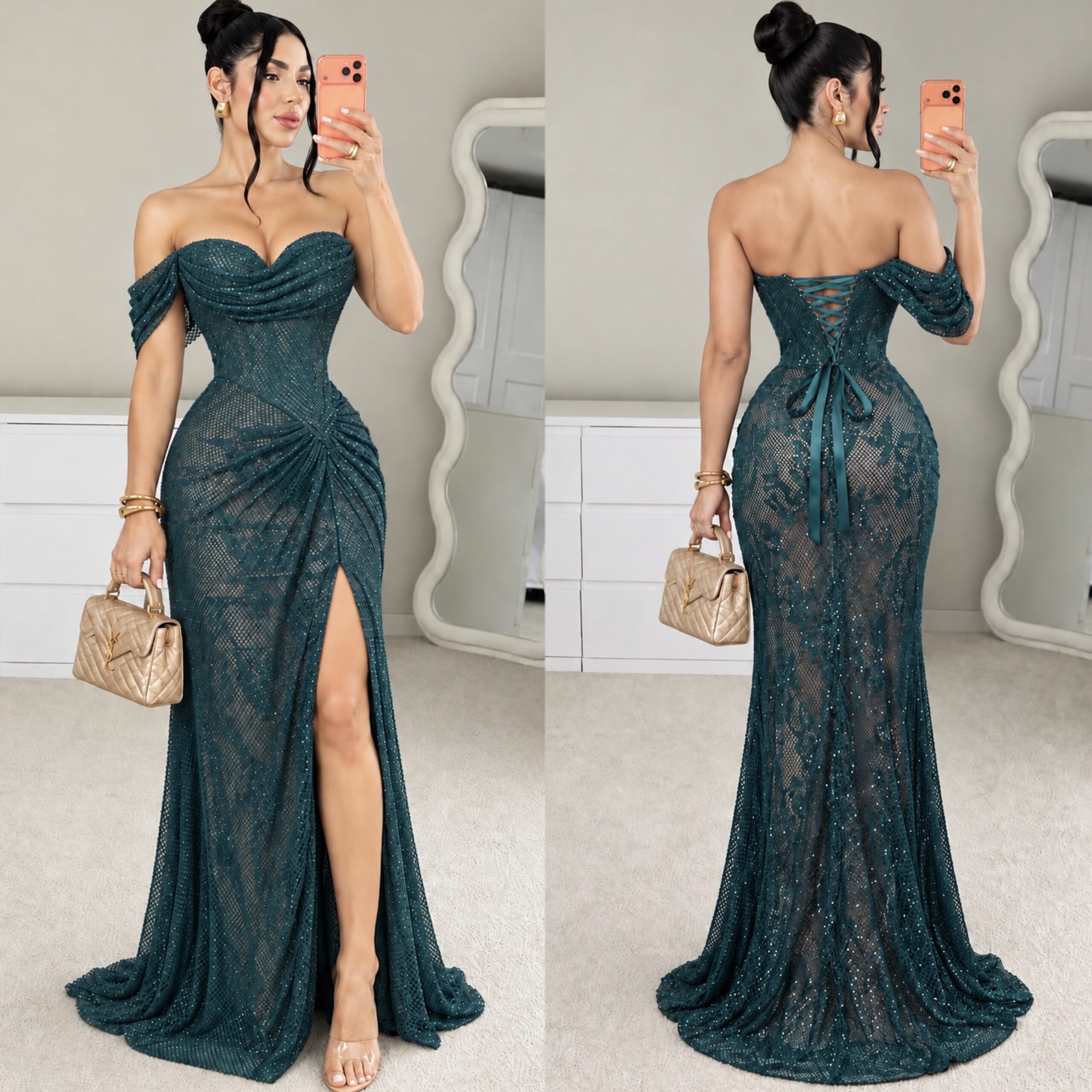 Vestido Verde Petróleo De Pedrería Con Hombros Descubiertos Y Abertura - Image 4