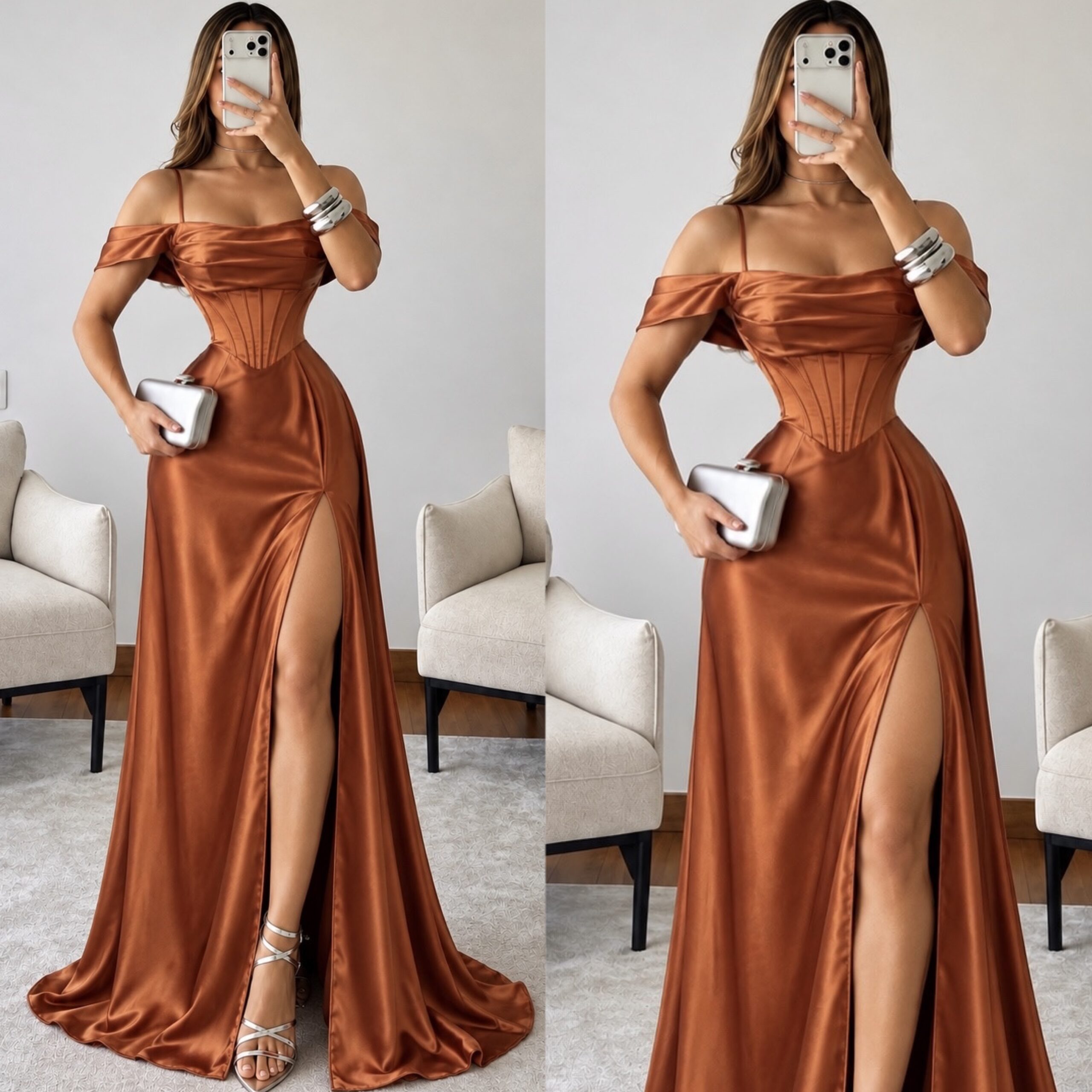 Vestido Cobre Satinado Con Corsé, Hombros Descubiertos Y Abertura - Image 3