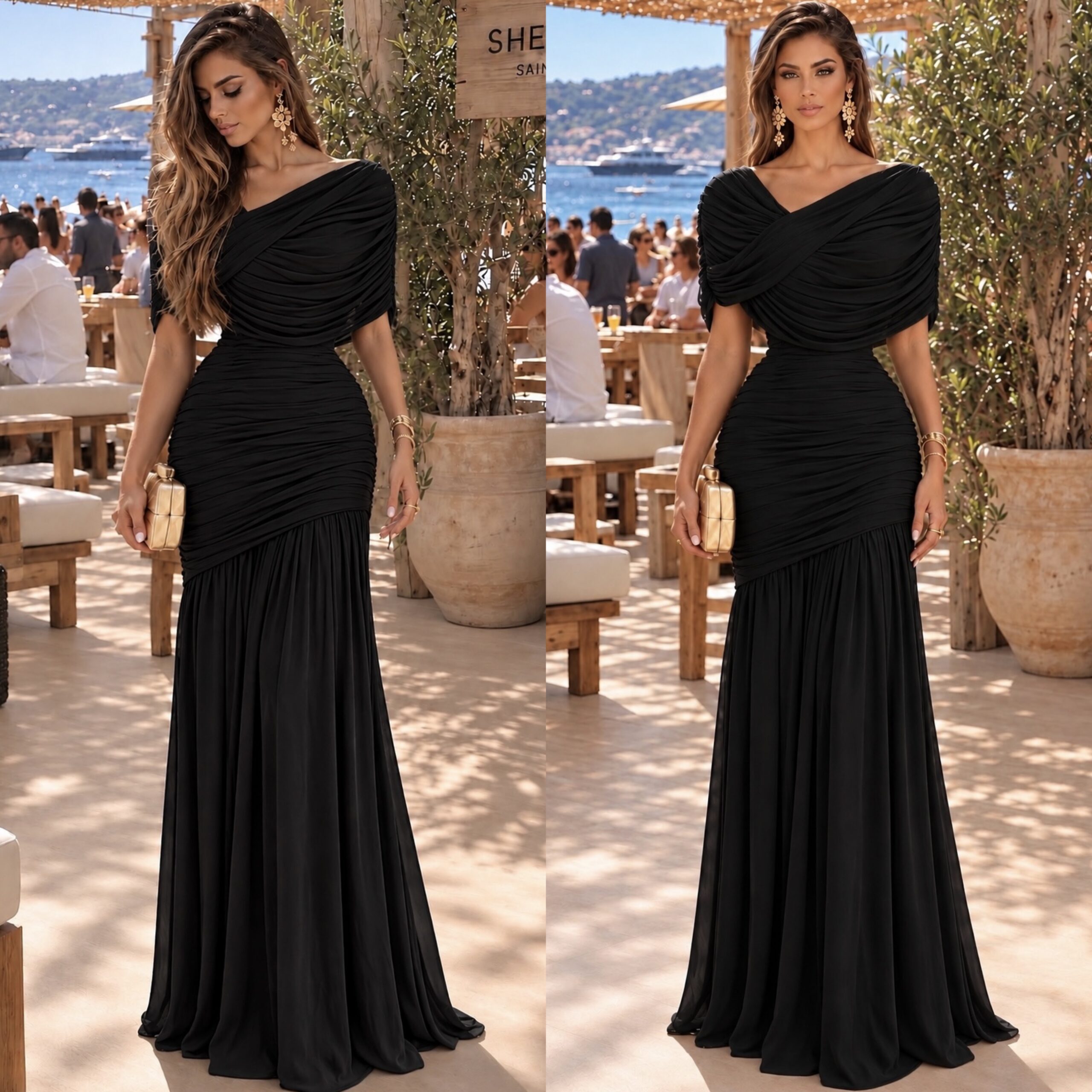 Vestido Negro Largo Con Escote Cruzado, Fruncido Y Falda Sirena - Image 4