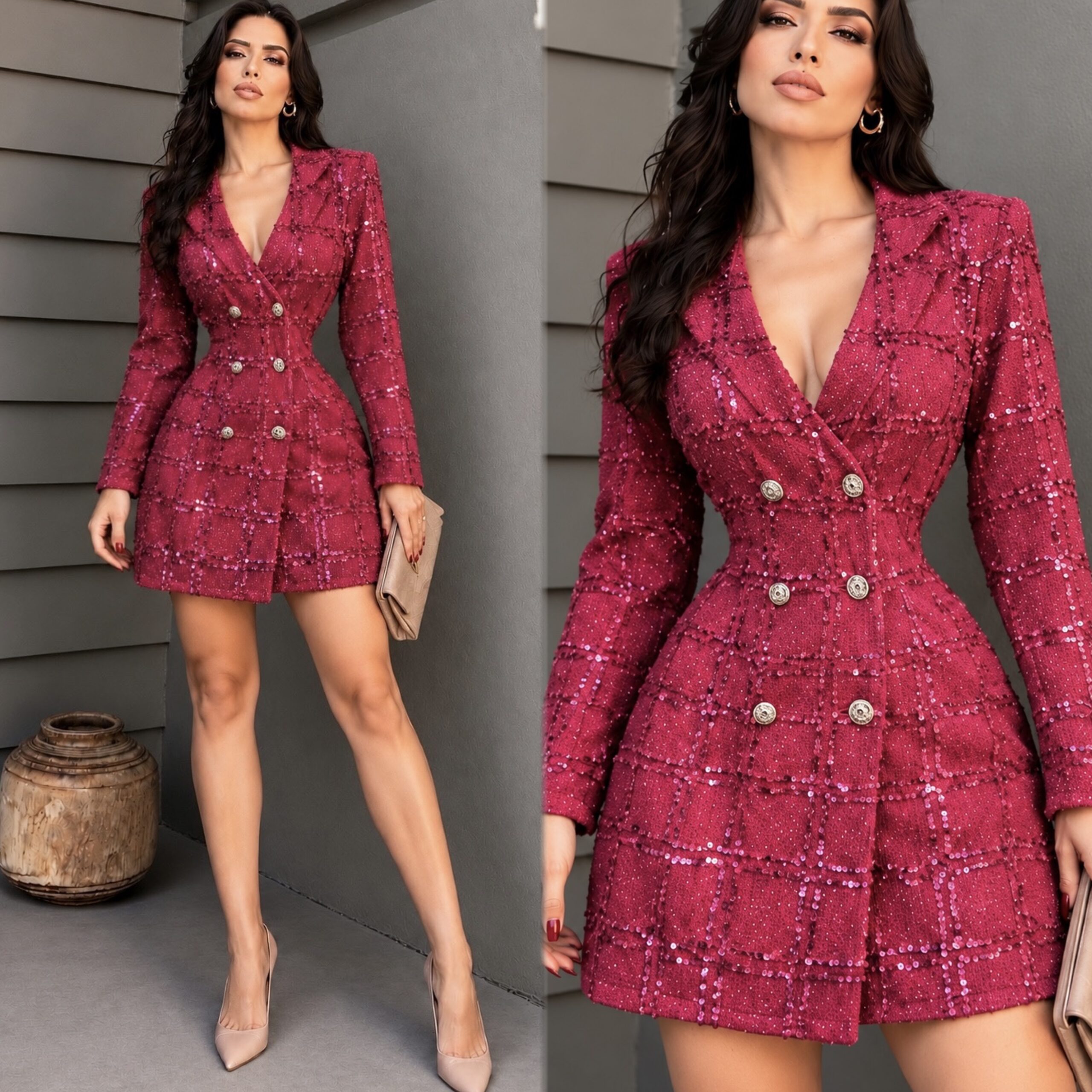 Vestido Blazer Fucsia De Tweed Con Lentejuelas Y Botones - Image 4