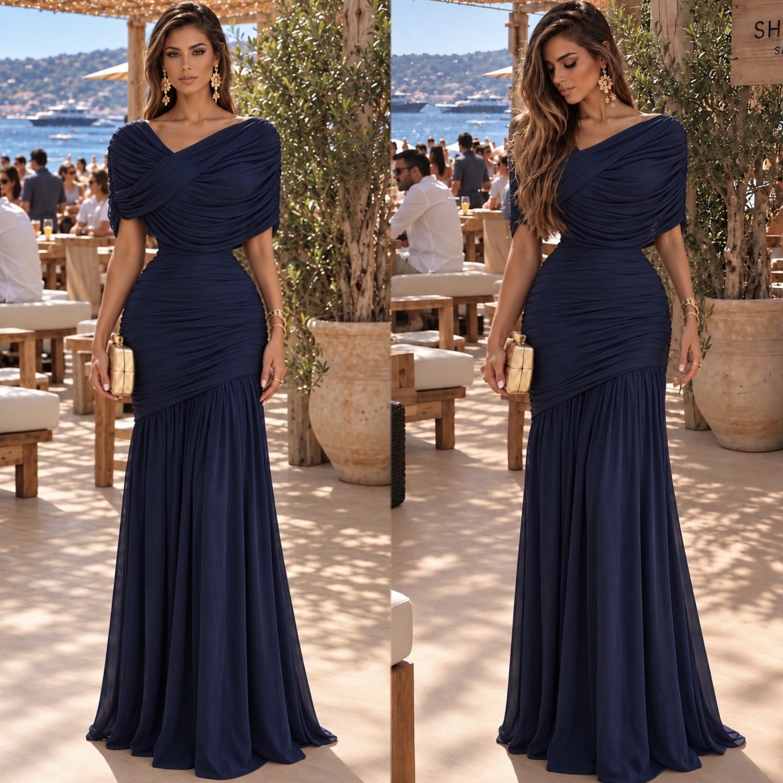 Vestido Azul Marino Largo Con Escote Cruzado, Fruncido Y Falda Sirena - Image 4