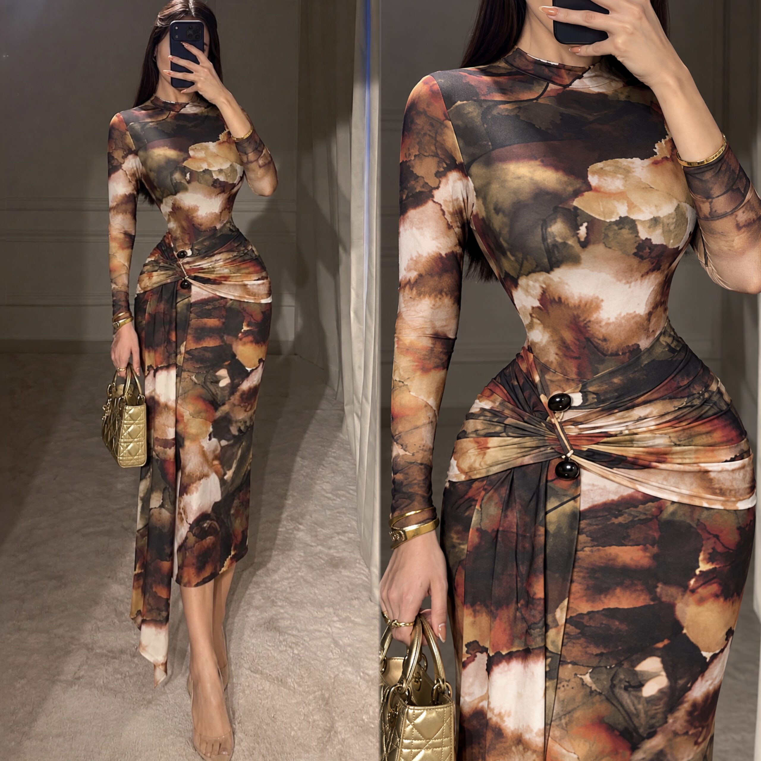 Vestido Midi Estampado Multicolor De Manga Larga Con Fruncido - Image 4