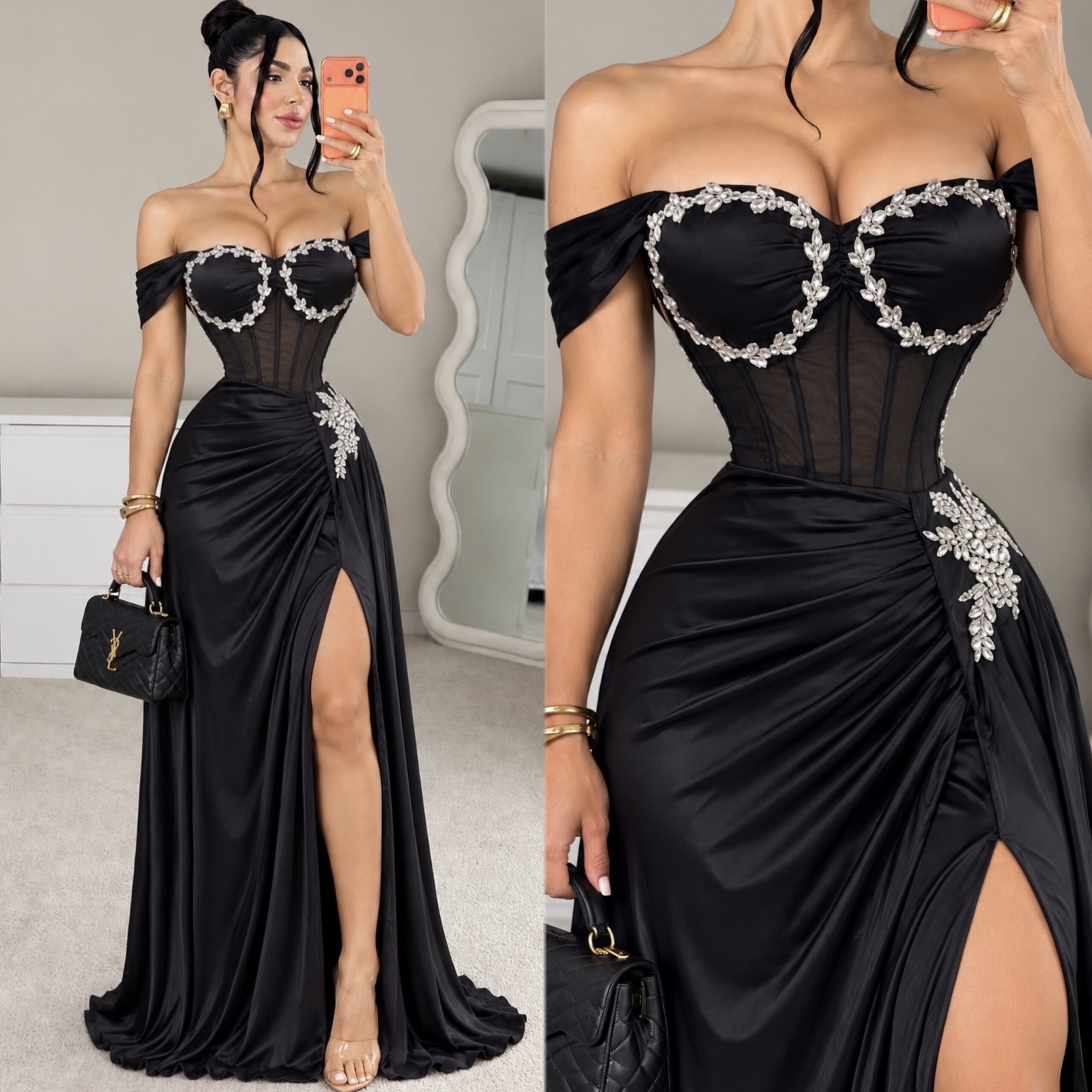 Vestido Negro De Gala Con Corsé, Aplicaciones De Pedrería Y Abertura - Image 4