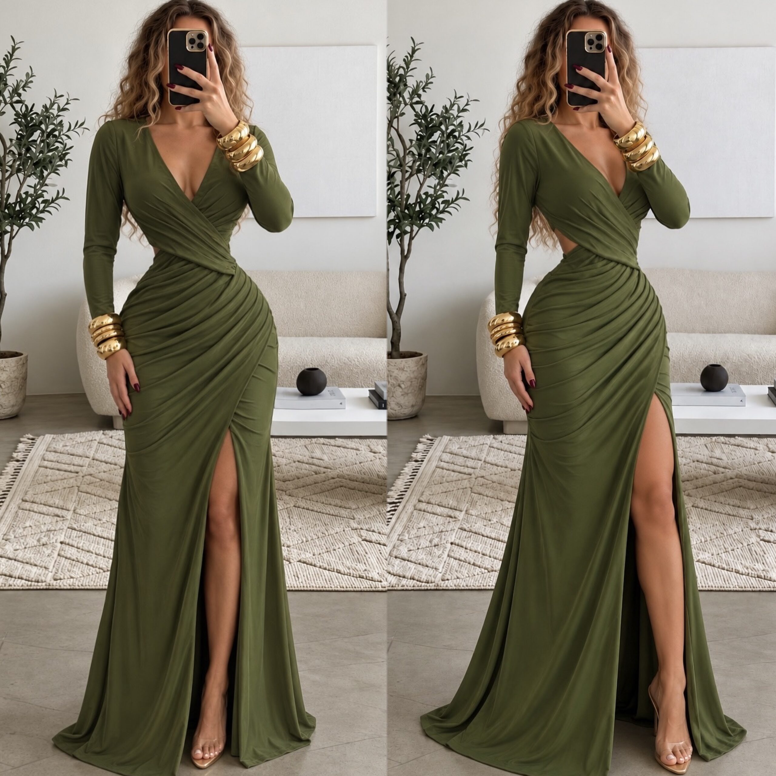 Vestido Verde Olivo Largo Con Escote Cruzado, Manga Larga Y Abertura - Image 3
