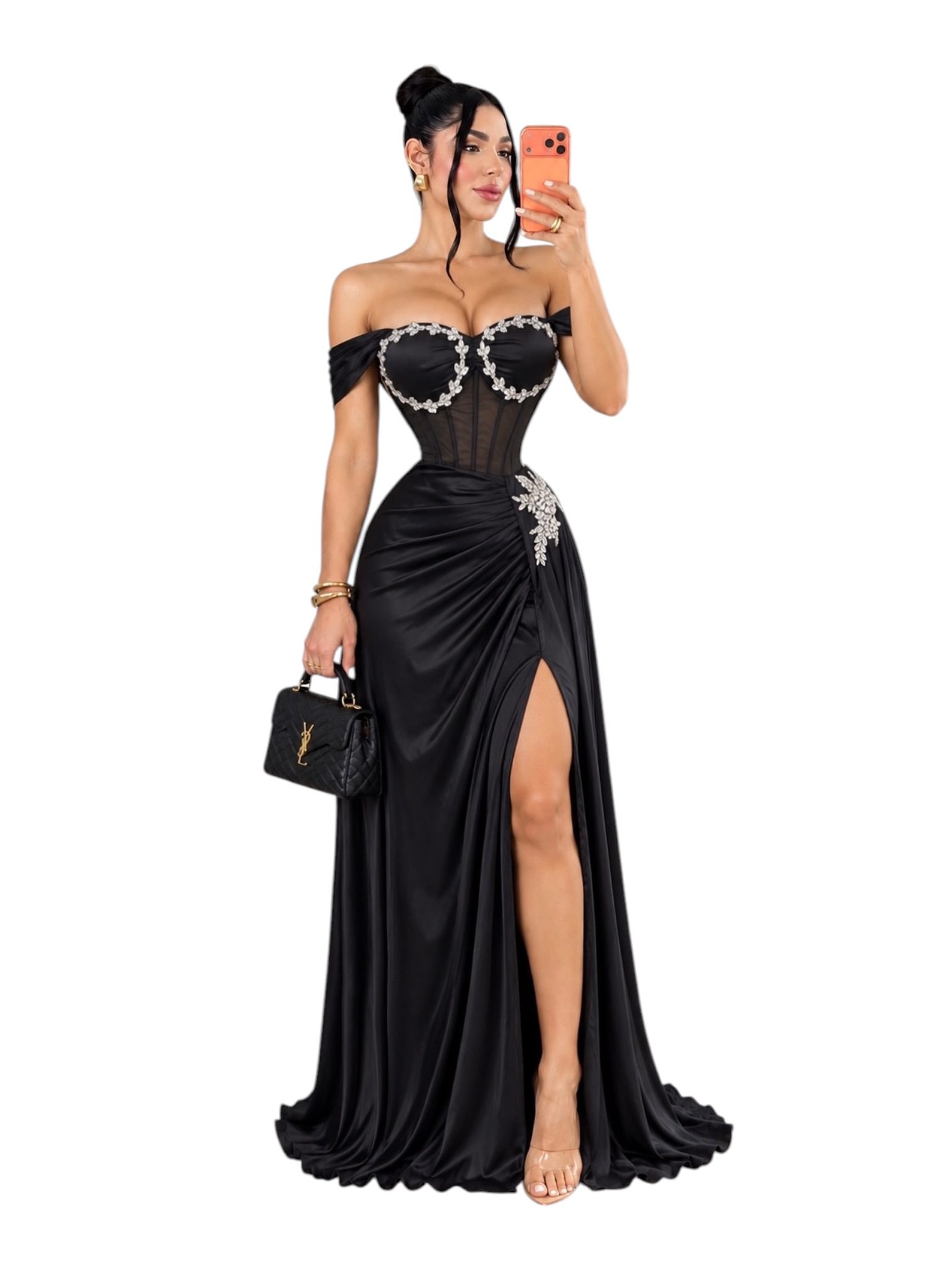 Vestido Negro De Gala Con Corsé, Aplicaciones De Pedrería Y Abertura - Image 3