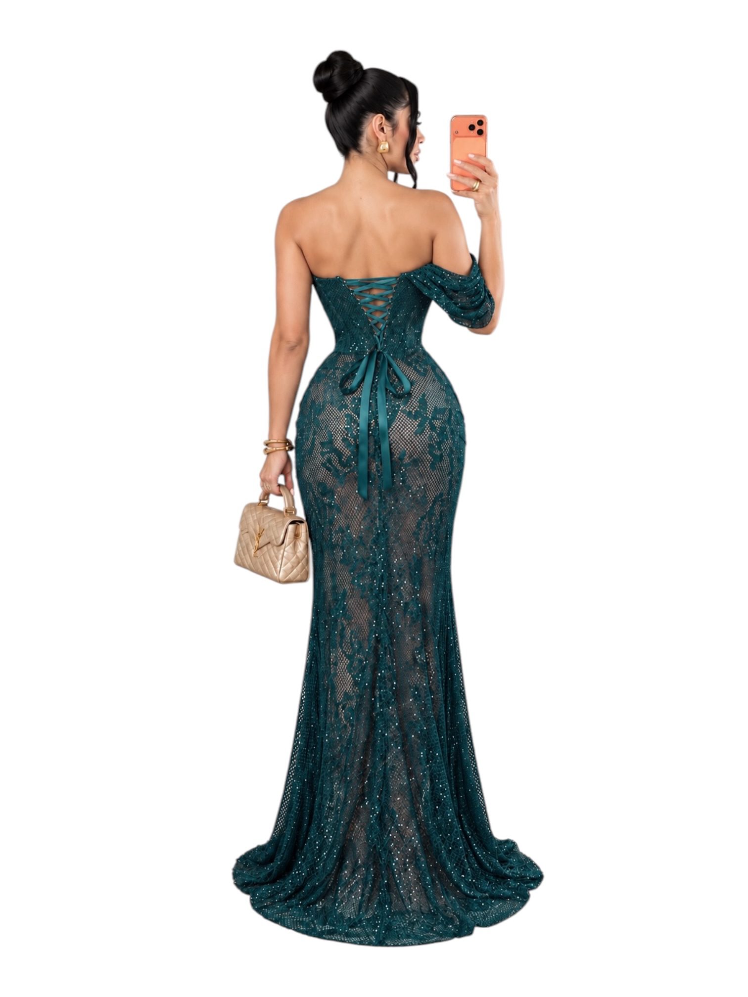 Vestido Verde Petróleo De Pedrería Con Hombros Descubiertos Y Abertura - Image 3
