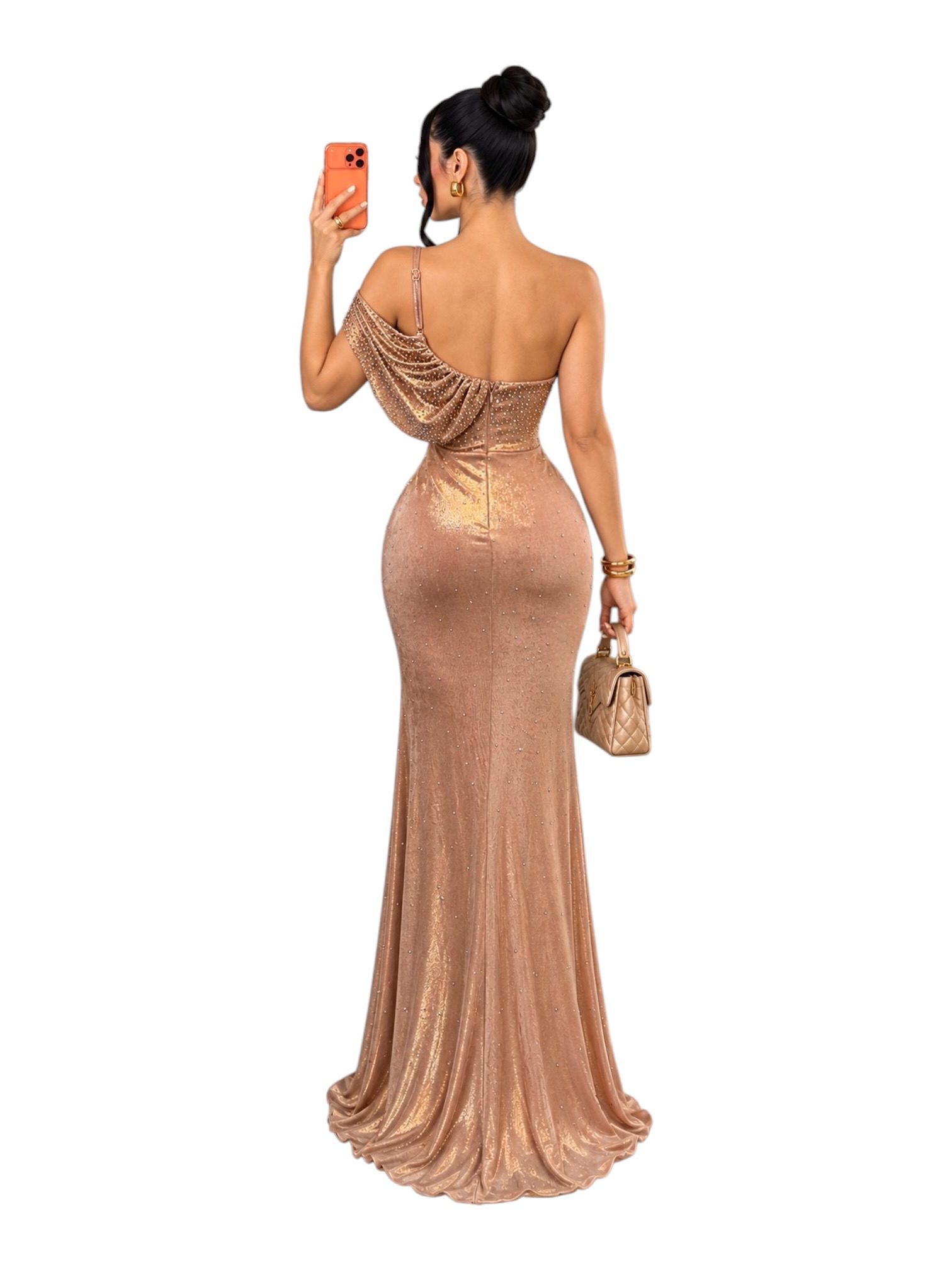 Vestido Midi Champagne De Lentejuelas Con Hombros Descubiertos Y Fruncido - Image 3