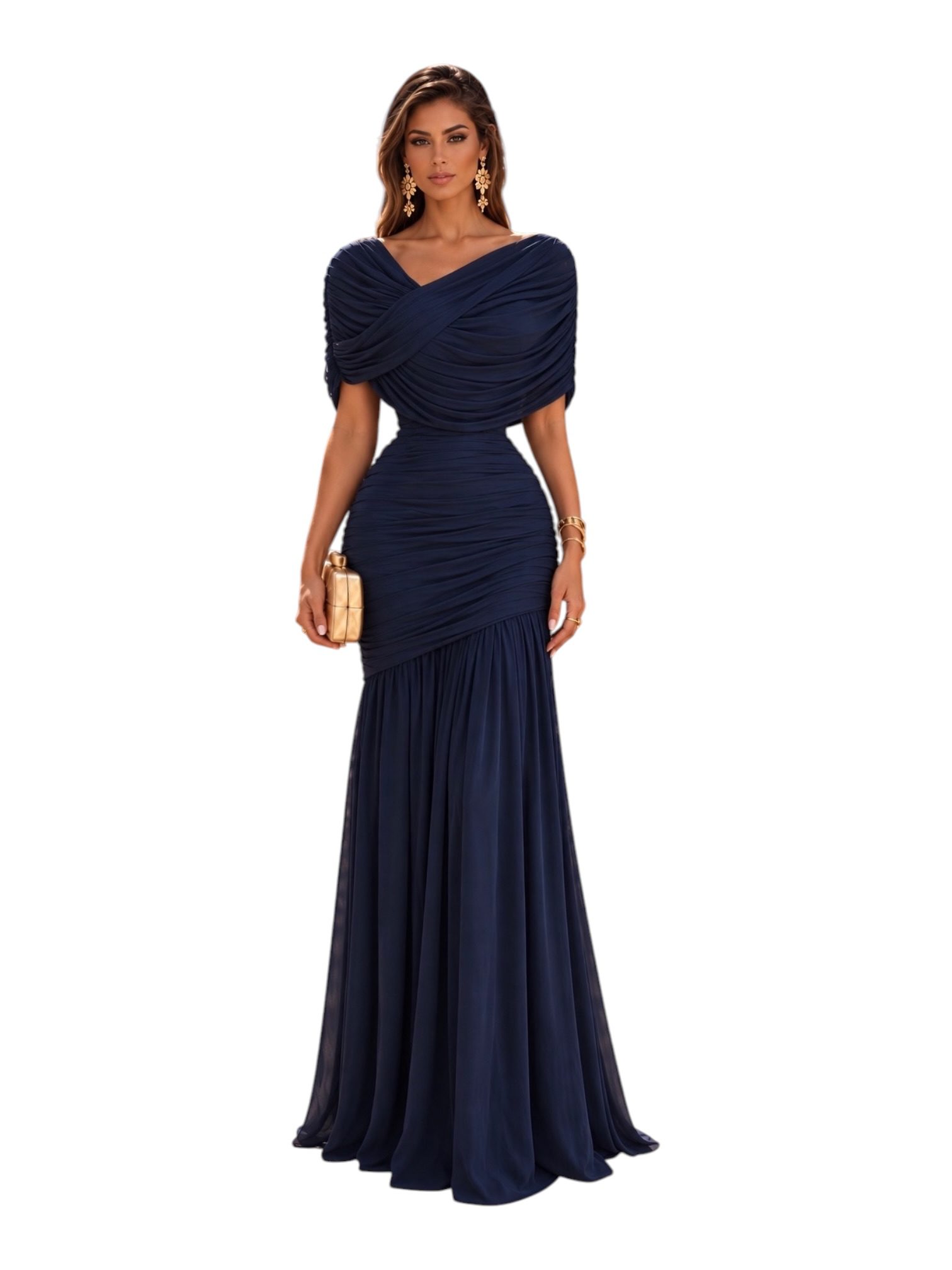 Vestido Azul Marino Largo Con Escote Cruzado, Fruncido Y Falda Sirena - Image 2
