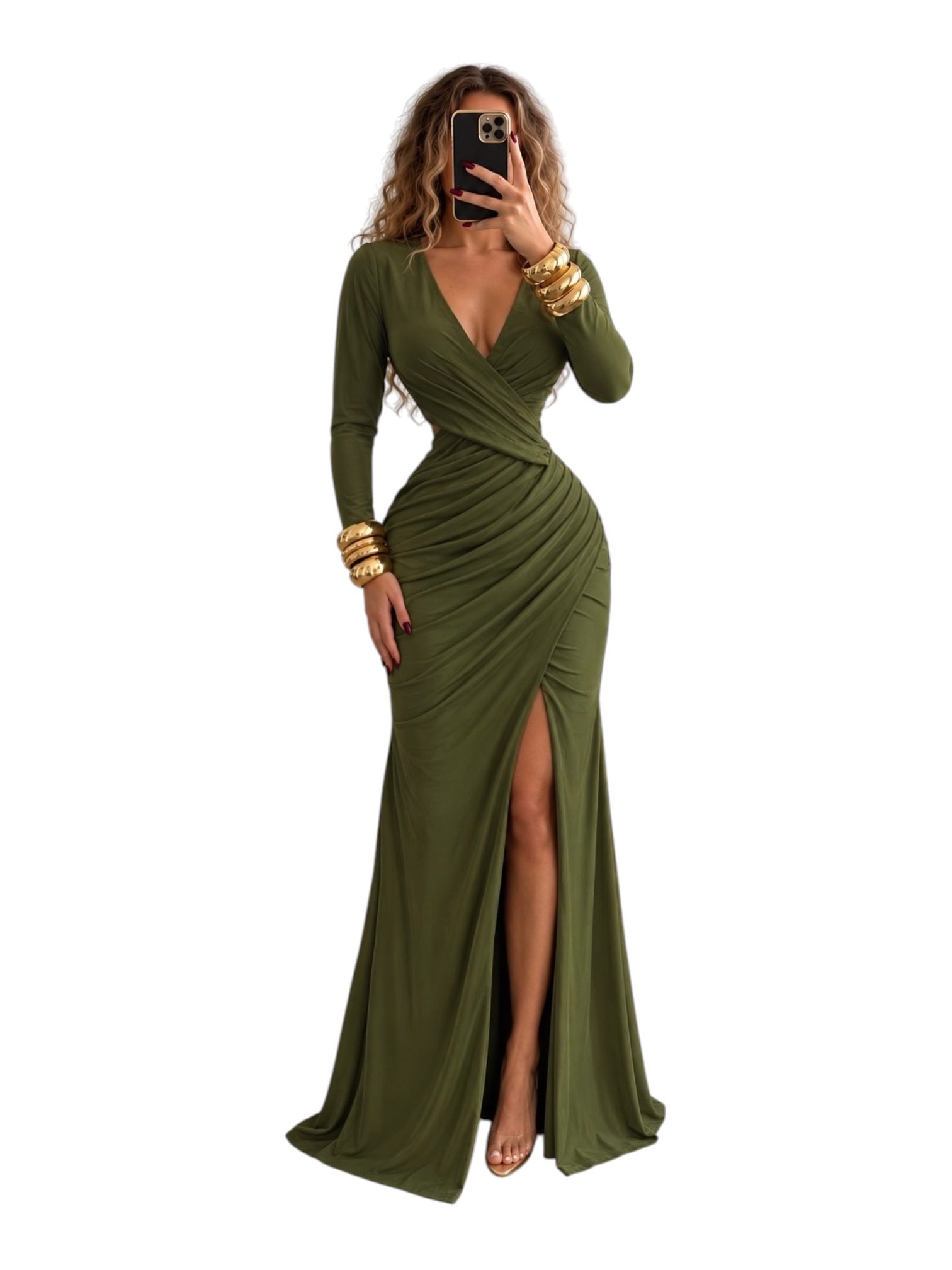 Vestido Verde Olivo Largo Con Escote Cruzado, Manga Larga Y Abertura - Image 2