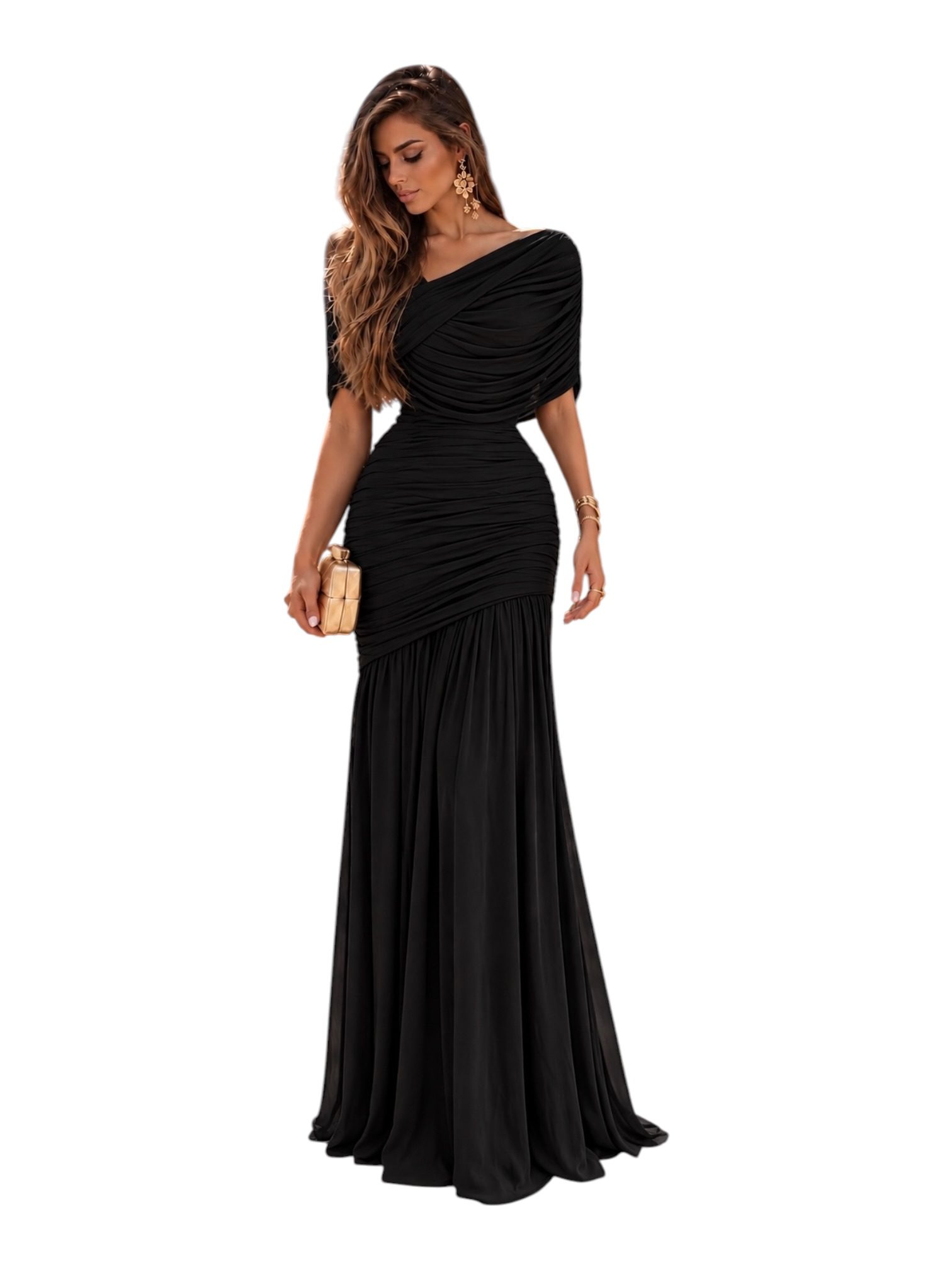 Vestido Negro Largo Con Escote Cruzado, Fruncido Y Falda Sirena - Image 3