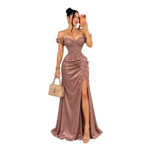 Vestido Rosa Antiguo Con Corsé Bordado, Flores 3D Y Abertura