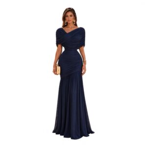 Vestido Azul Marino Largo Con Escote Cruzado, Fruncido Y Falda Sirena