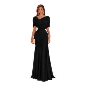 Vestido Negro Largo Con Escote Cruzado, Fruncido Y Falda Sirena
