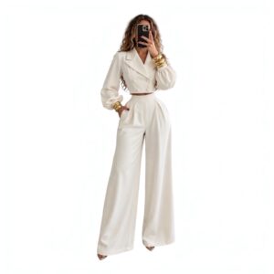 Conjunto Blanco De Blazer Corto Y Pantalón Palazzo