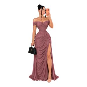 Vestido Rosa Antiguo Largo Con Hombros Descubiertos, Fruncido Y Abertura