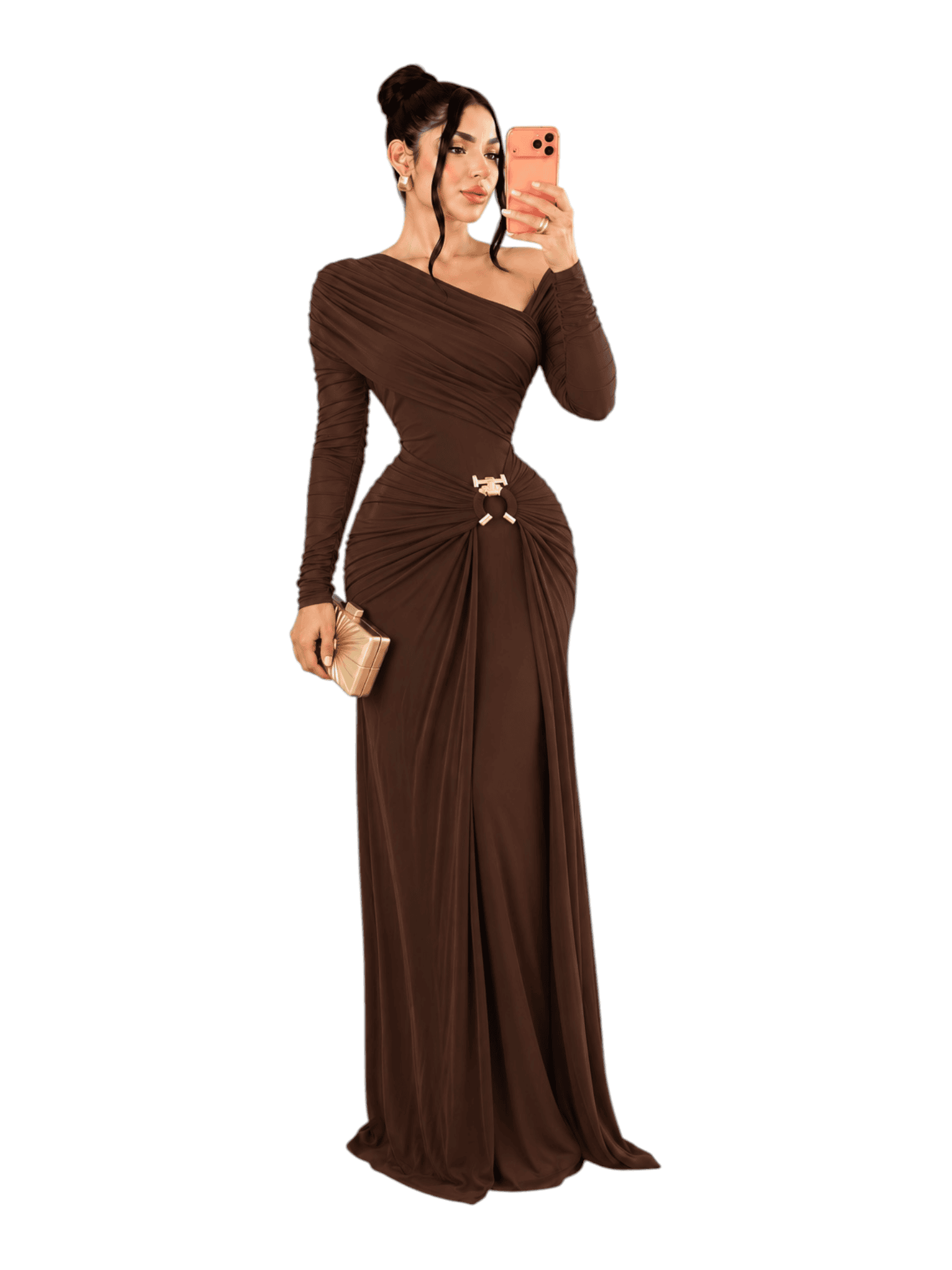Vestido Café Asimétrico Con Manga Larga Fruncido Y Detalle Metálico - Image 2