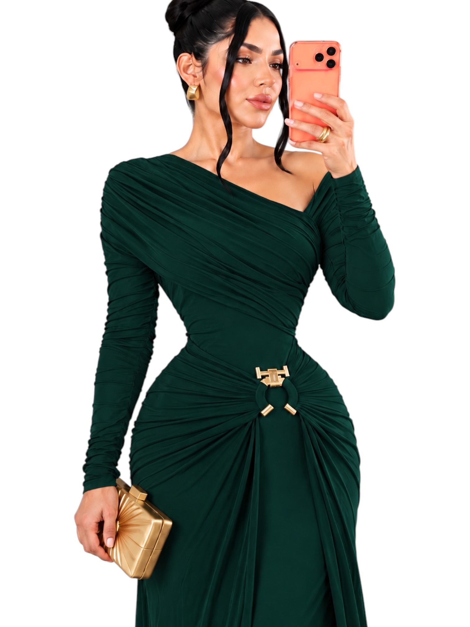 Vestido Verde Esmeralda Asimétrico Con Manga Larga Y Detalle Metálico - Image 3