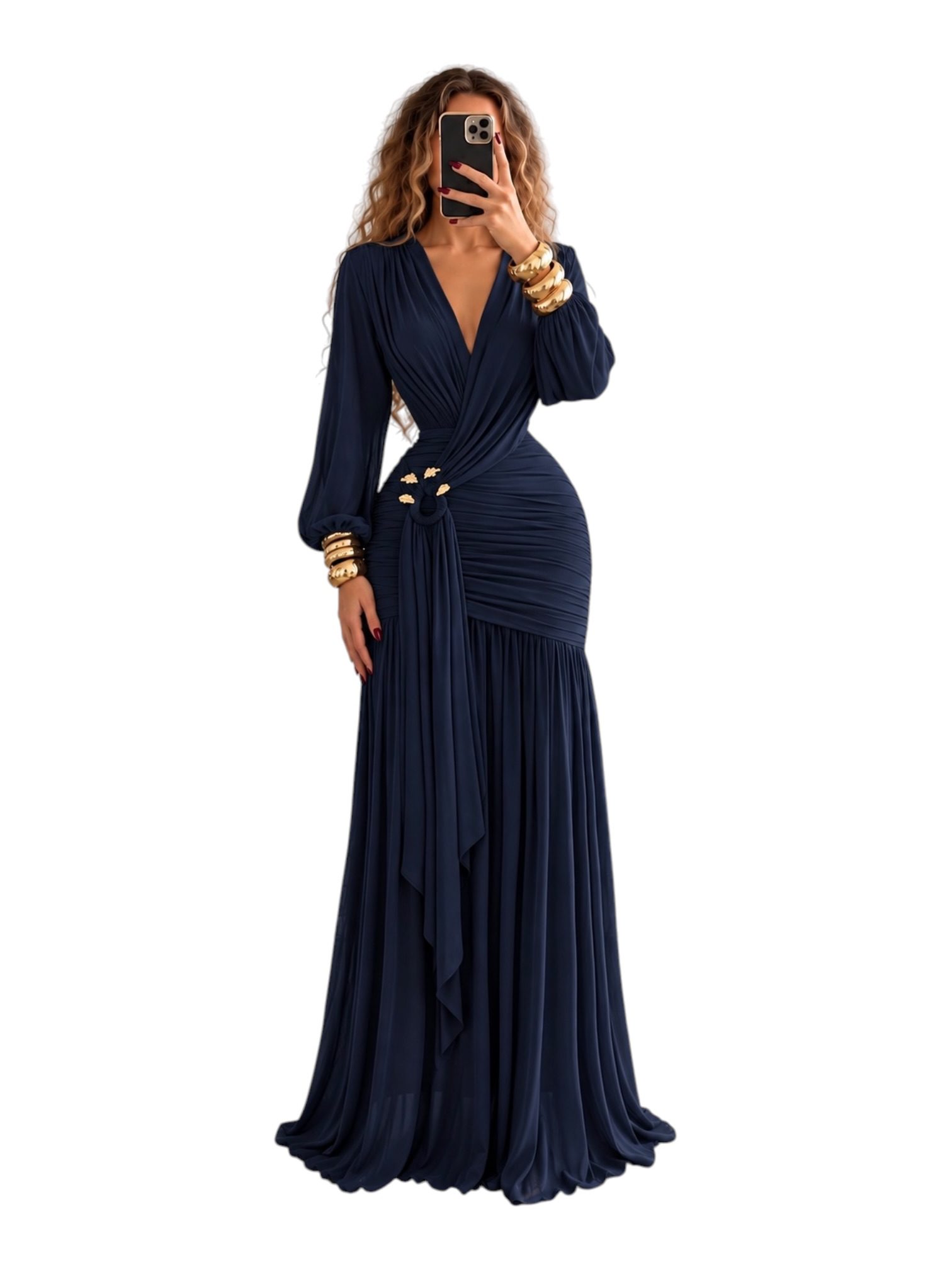 Vestido Azul Marino Con Escote Profundo Manga Larga Y Fruncido - Image 2