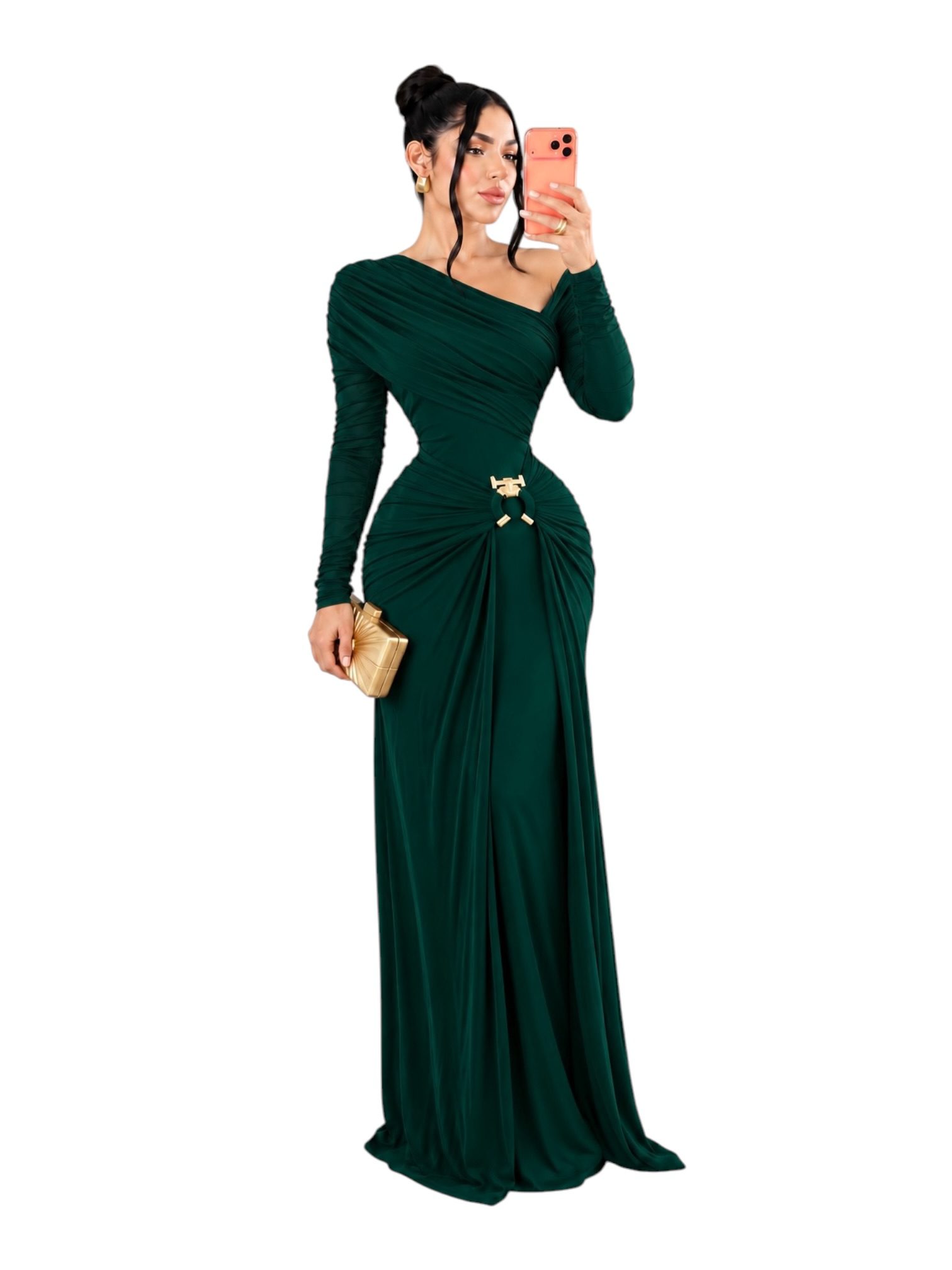 Vestido Verde Esmeralda Asimétrico Con Manga Larga Y Detalle Metálico - Image 2