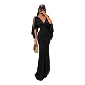 Vestido Negro Con Escote Profundo, Mangas Capa Y Detalles Brillantes