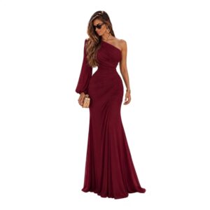Vestido Merlot Asimétrico Con Una Manga Y Fruncido