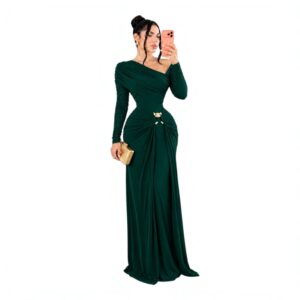 Vestido Verde Esmeralda Asimétrico Con Manga Larga Y Detalle Metálico