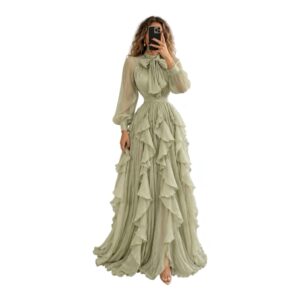Vestido Largo Verde Salvia Con Lazo Y Volantes