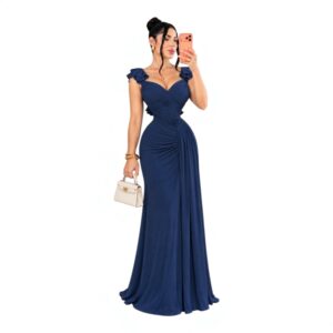 Vestido Largo Azul Marino Con Escote Corazón Y Tirantes Con Volantes