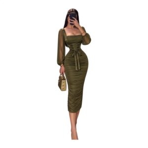Vestido Midi Verde Olivo Con Mangas Transparentes Y Lazo Frontal