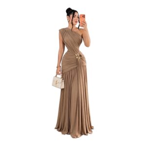 Vestido Largo Camel Asimétrico Con Fruncido Y Detalle Dorado