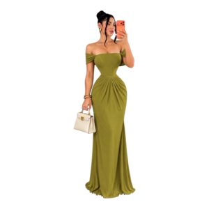Vestido Largo Verde Olivo De Hombros Descubiertos Con Fruncido