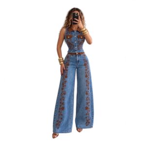 Conjunto De Mezclilla Azul Con Chaleco Y Pantalón Palazzo Bordado
