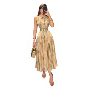 Vestido Midi Beige Estampado Con Cuello Camisero Y Cinturón