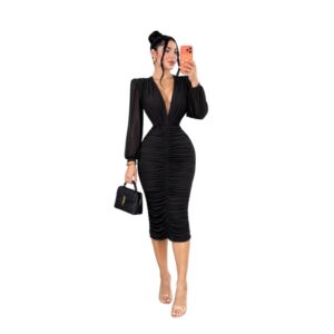 Vestido Midi Negro Con Escote Profundo, Mangas Largas Y Fruncido
