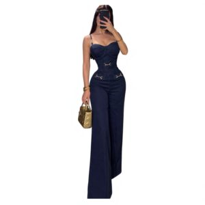 Conjunto De Mezclilla Azul Con Corsé Y Detalles Dorados