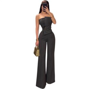 Palazzo Gris Strapless Con Pantalón Palazzo Y Detalle De Hebilla