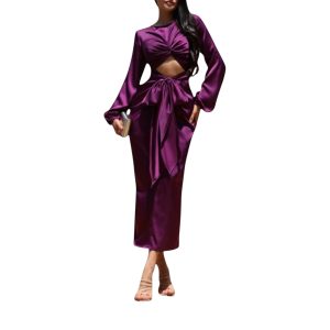 Vestido Morado Satinado Con Nudo Frontal