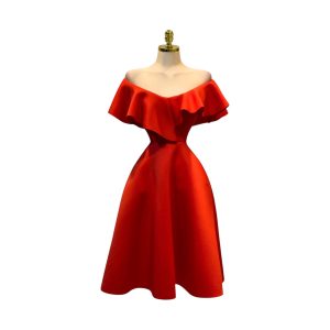 Vestido Rojo Corto Con Vuelo y Volante En Escote