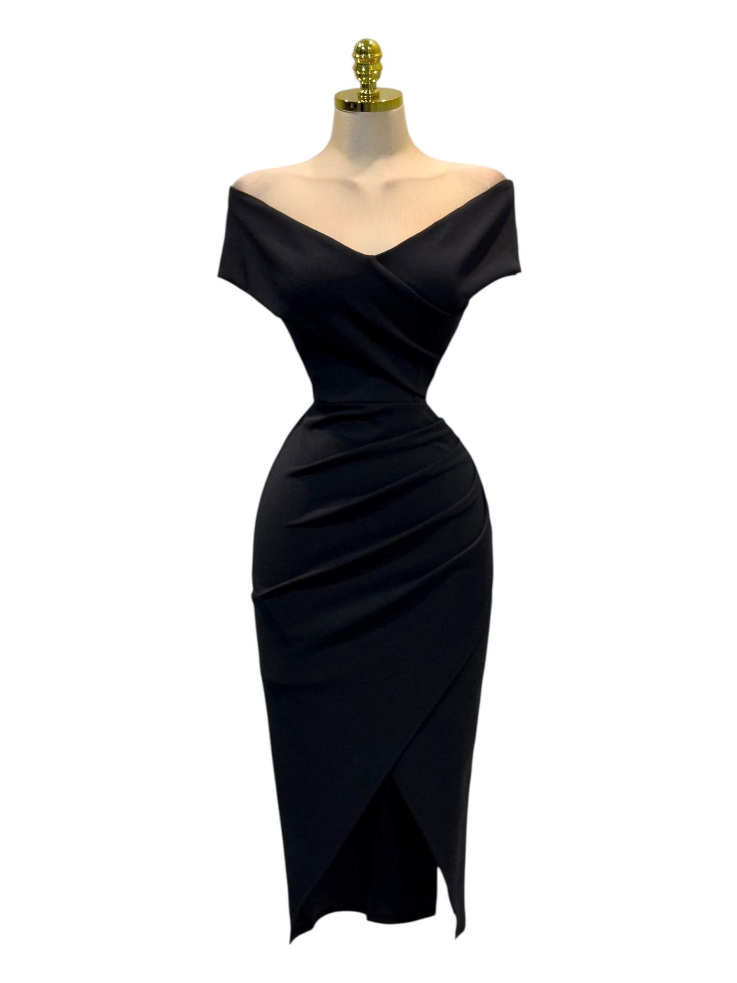 Vestido Negro Midi Con Drapado Frontal - Image 3