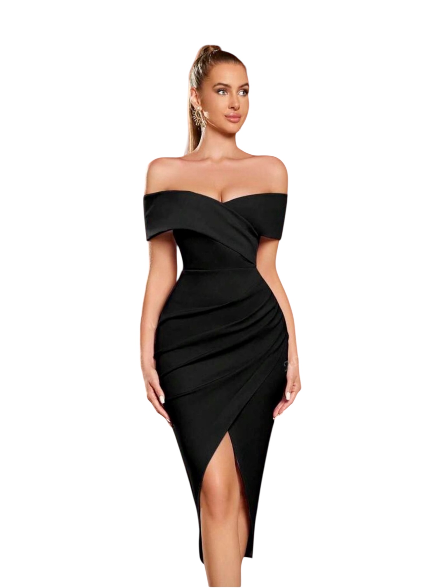 Vestido Negro Midi Con Drapado Frontal - Image 2