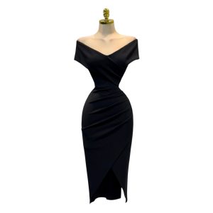 Vestido Negro Midi Con Drapado Frontal