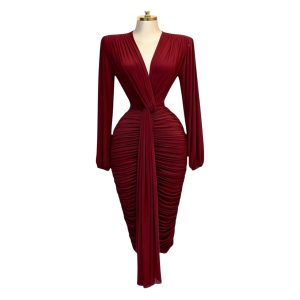 Vestido Vino Midi Con Manga Larga Y Drapeado Central