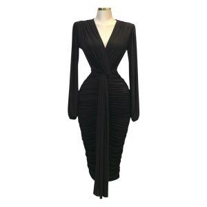 Vestido Midi Negro Drapeado Manga Larga