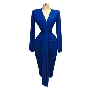 Vestido Midi Azul Fruncido Manga Larga