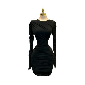 Vestido Negro Fruncido De Manga Larga