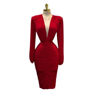 Vestido Rojo Manga Larga Escote Profundo